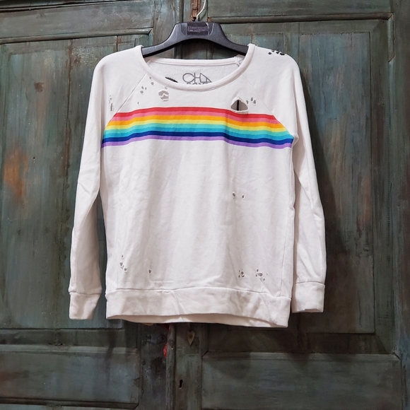 Chaser Rainbow Stripe Long Sleeve Distressed Sweatshirt - Picture 3 of 7